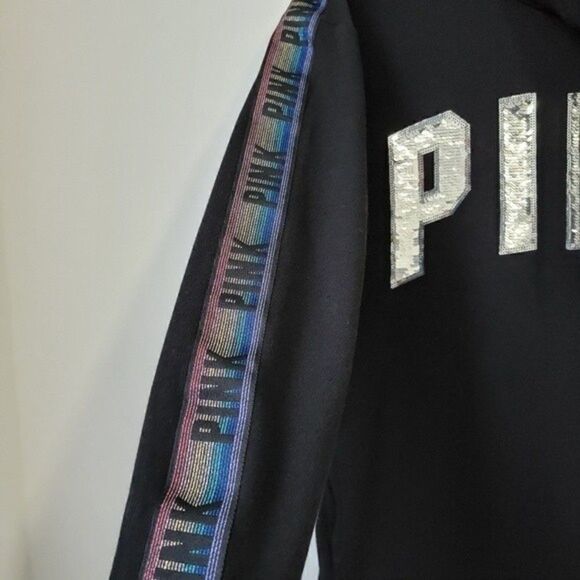 PINK Victoria's Secret Bling Logo Cowl Neck Rainbow Sleeve Sweatshirt Black XS - Picture 8 of 10